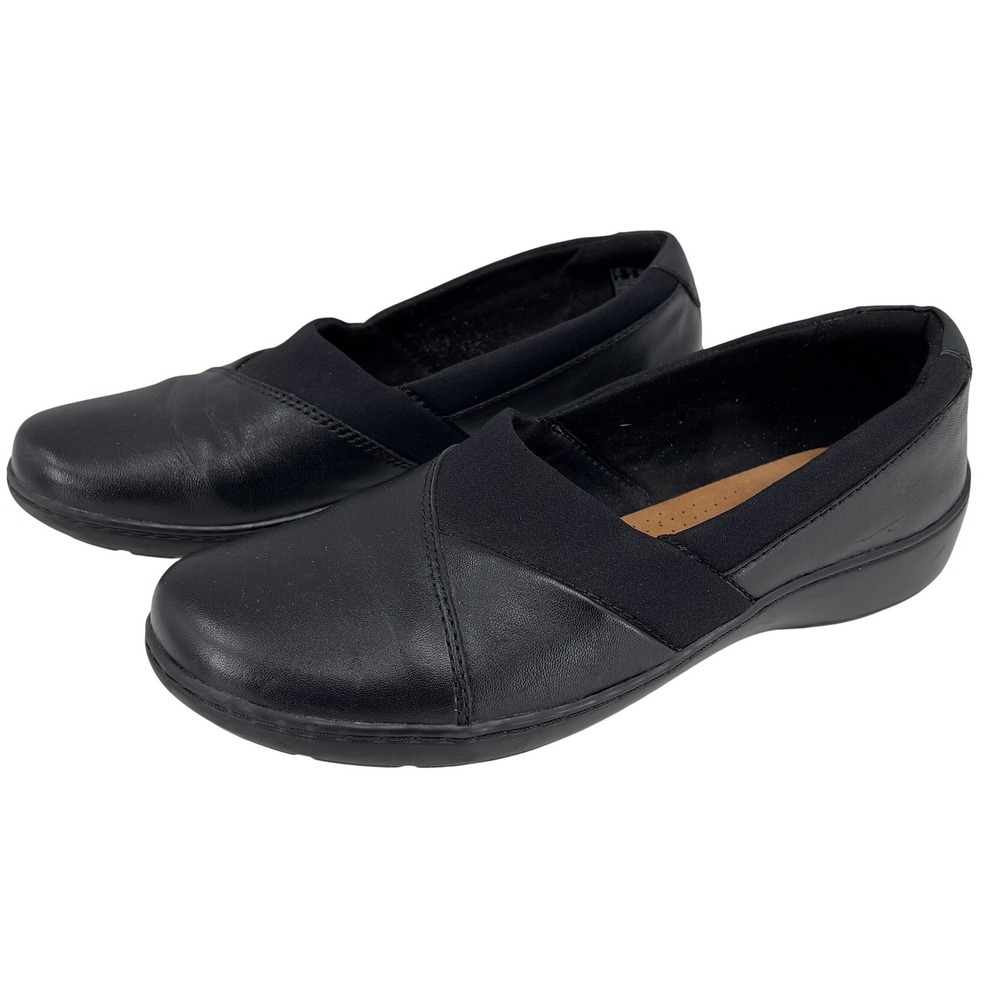 Clarks Cora Charm Womens 11 Shoes Black Leather Slip On Loafer Elastic Comfort